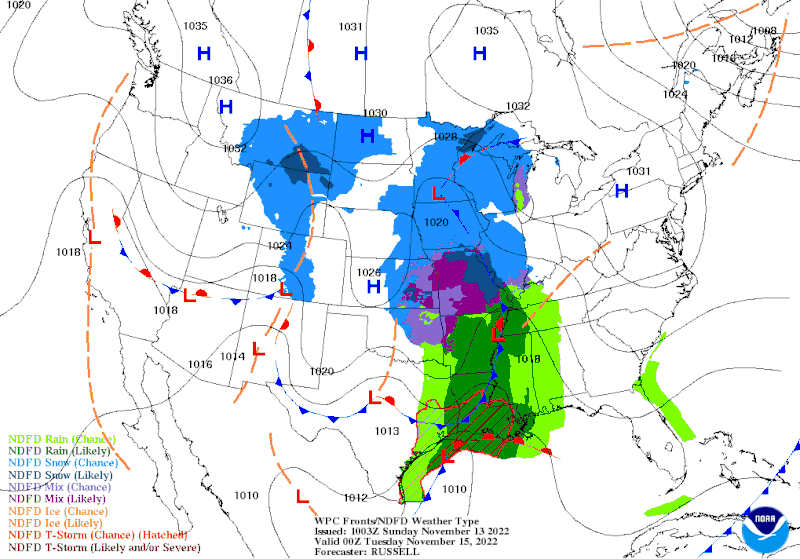 A National Weather Service map shows precipitation across the Mississippi River Valley in an extended forecast map. The system will likely bring snow to northern Illinois starting Monday night and into Tuesday morning.