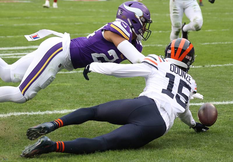 Chicago Bears wide receiver Rome Odunze can’t come up with the catch in the end zone as Minnesota Vikings safety Camryn Bynum provides the coverage during their game Sunday, Nov. 24, 2024, at Soldier Field in Chicago.