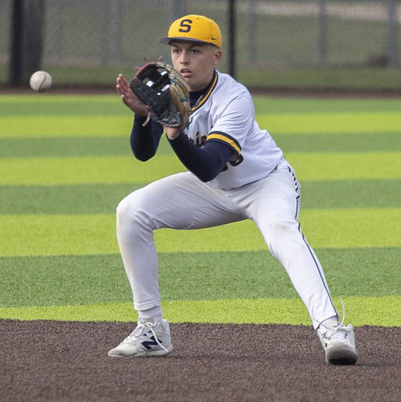 Sterling’s Tyler McCafferty plays a ball at shortstop against Geneseo Wednesday, May 6, 2026.