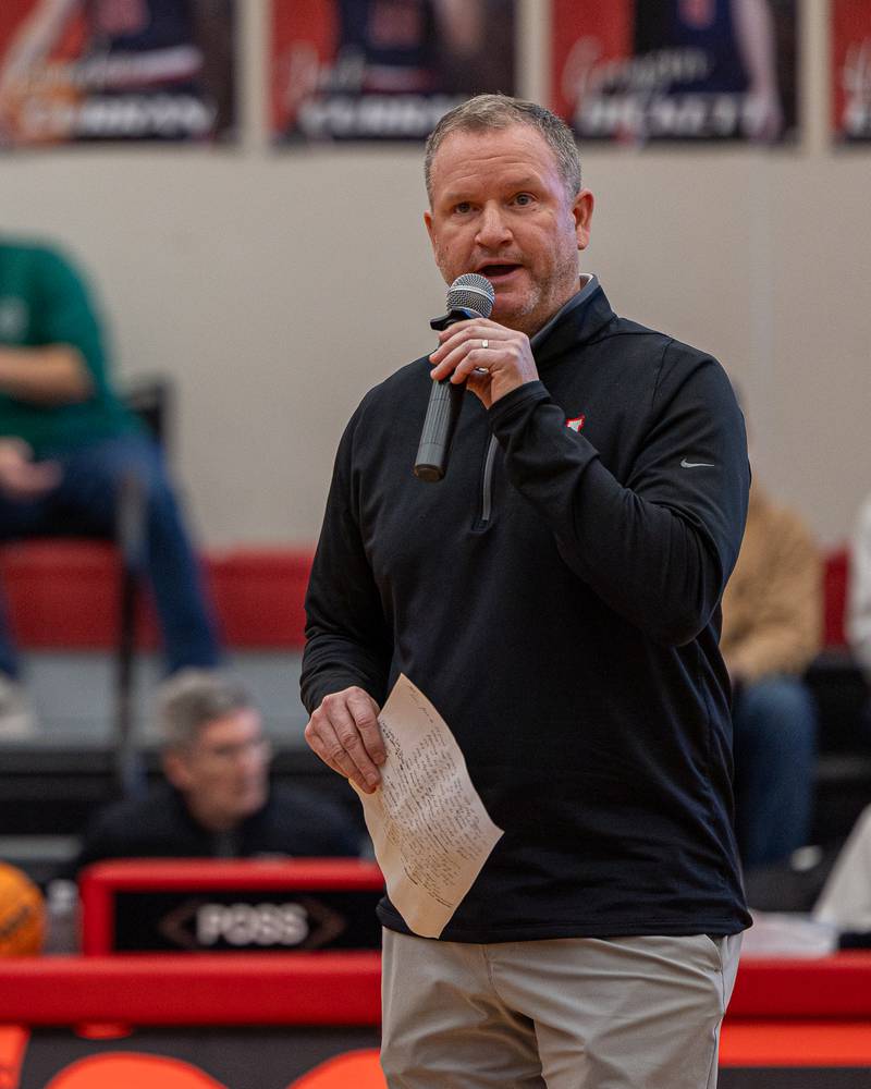 Tom Keegan speaks at the 2026 Hall High School Hall of Fame ceremony on Saturday, January 31, 2026 at Hall High School in Spring Valley.