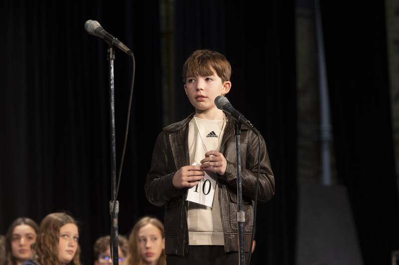 Ashton-Franklin Center 5th grader Owen McLaughlin competes Thursday, Feb. 21, 2024 at the Lee-Ogle-Whiteside regional spelling bee. McLaughlin missed on the word “boogie-woogie” in round three.