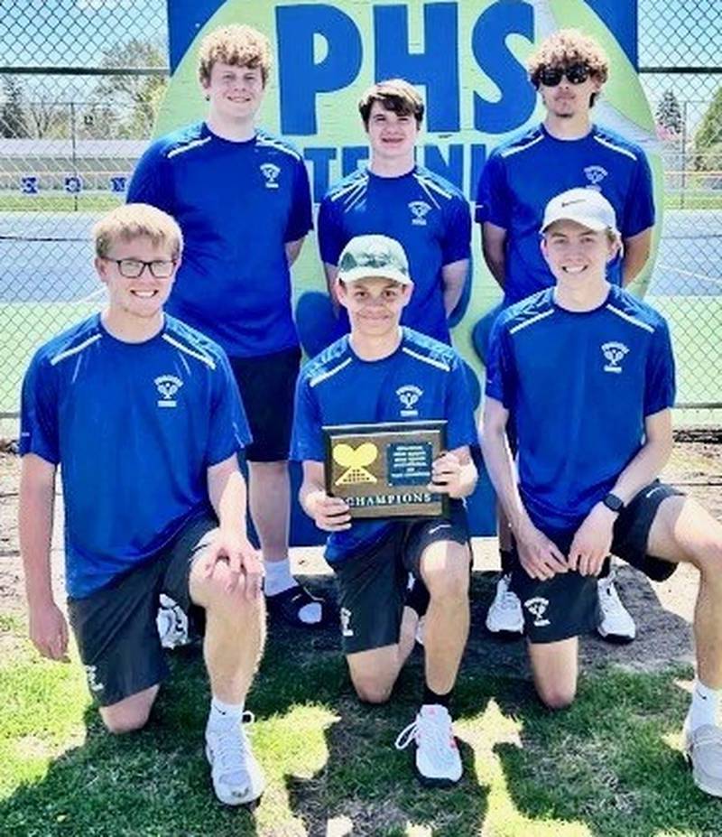 The Princeton tennis team won its own invitational on Saturday, edging Pontiac 10-9. Asa Gartin and Jackson Mason won the No. 1 doubles title while Landon Davis took first at No. 2 singles. Team members are (front row) Davis, Levi Boggs and Mason; and (back row) Jack Orwig, Chase Sims and Gartin.