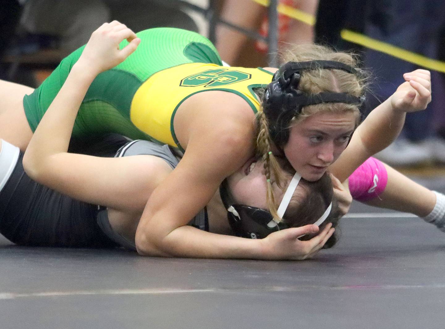 Crystal Lake South’s Annalee Aarseth pins Lincoln Way’s Grace Spangler at  115 pounds in Whip-Pur Women’s Classic varsity girls wrestling on Saturday, Dec. 20, 2025, at Hampshire High School in Hampshire.