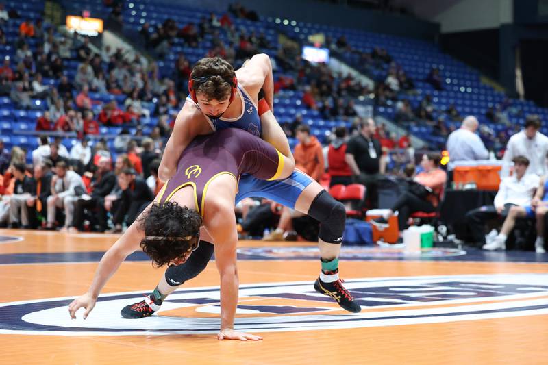 Marmion Academy's Logan Conover brings down Montini's Isaac Mayora in the 144-pound match during Marmion Academy's victory over Montini in the IHSA Class 3A Dual Team State championship on Saturday, Feb. 28, 2026.