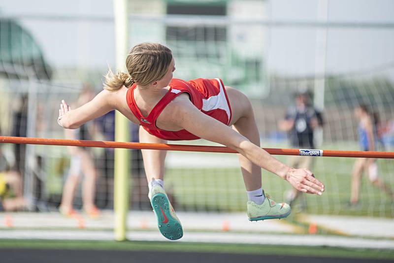 Ottawa's Hannah Galletti clears the bar in the high jump at the 2A track sectionals in Geneseo on Wednesday, May 11, 2022.