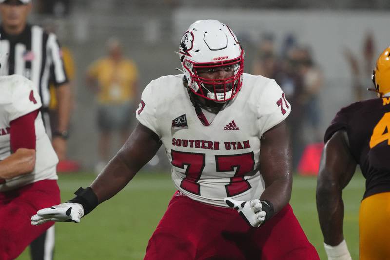 Southern Utah offensive lineman Braxton Jones plays against Arizona State on Sept. 2, 2021, in Tempe, Ariz.