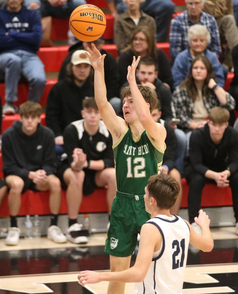 St. Bede's Carson Riva shoots a jump shot over Ridgeview's Tanner Maupin during the Route 17 Classic Tournament on Wednesday, Nov. 27, 2024 at Woodland High School.