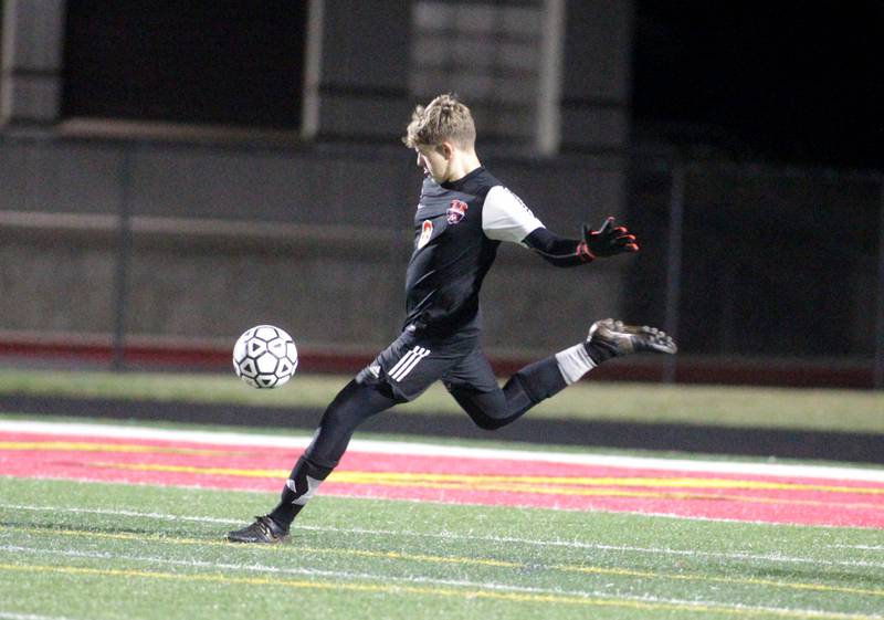 Oswego goalkeeper Kaleb Stumpenhorst kicks the ball during a game at Batavia on Thursday, Sept. 7, 2023.