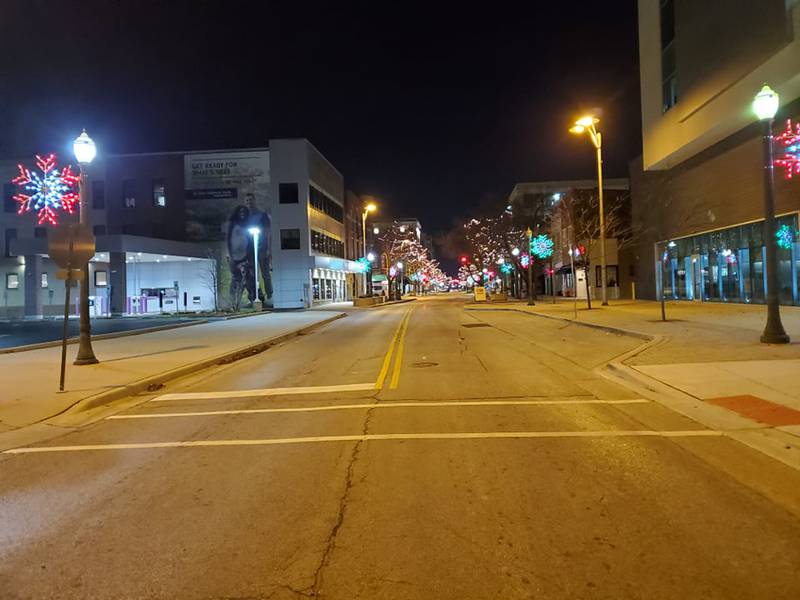 Downtown Joliet at night before the holidays is filled with a quiet, peaceful holiday spirit, if you know where to look.