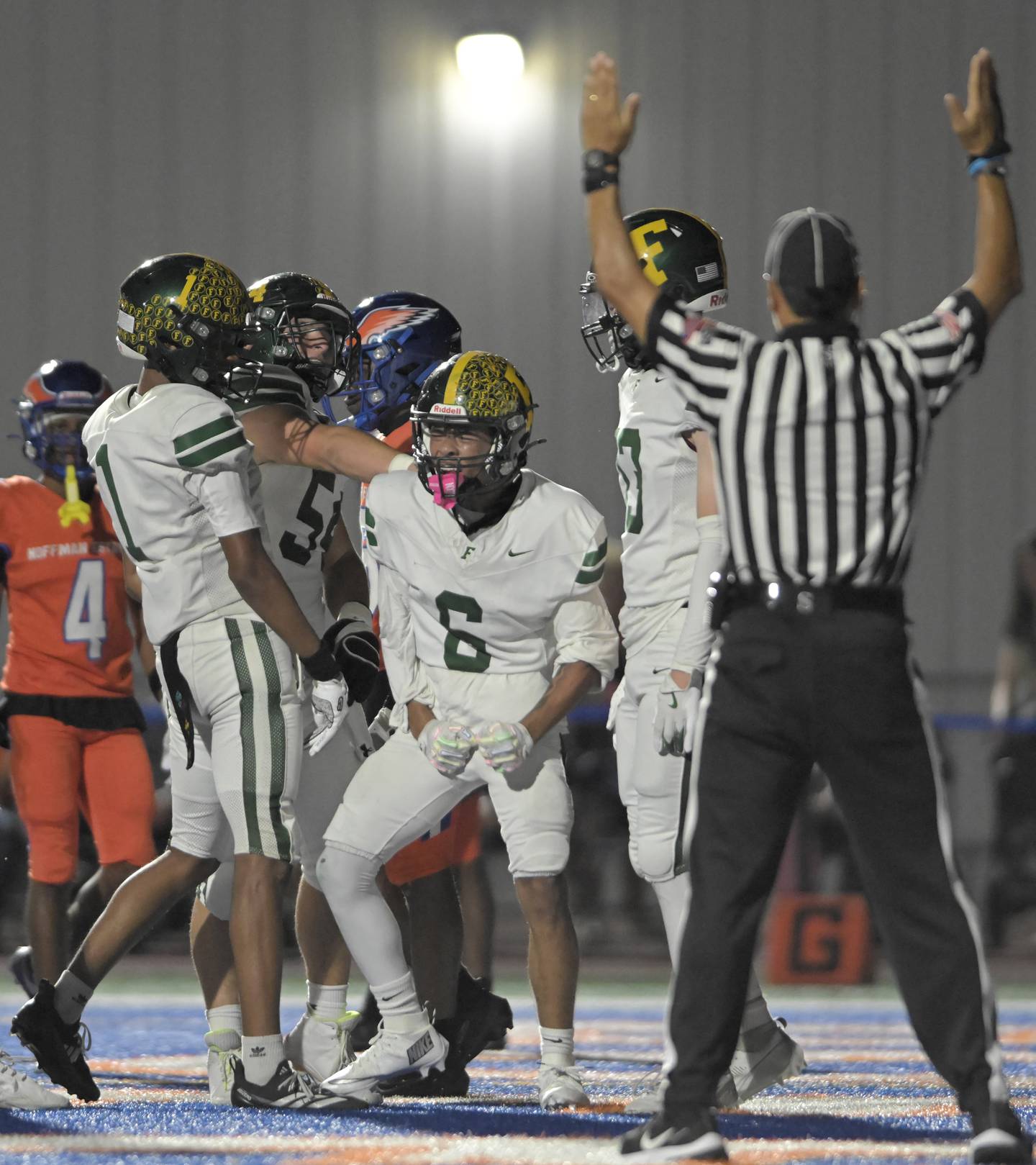 Fremd’s Jay Box (6) reacts after his touchdown catch in a football game in Hoffman Estates on Friday, Oct. 4, 2025 in downtown Arlington Heights.