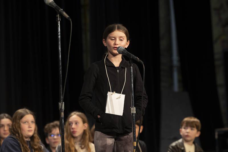 Lincoln 5th grader Rhylee Minor competes Thursday, Feb. 21, 2024 at the Lee-Ogle-Whiteside regional spelling bee. Minor missed on the word “surly” in round four.