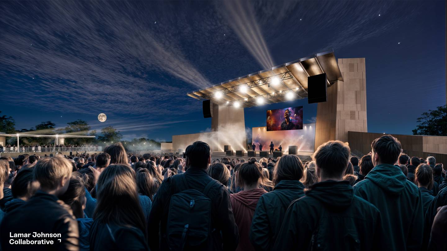 The official rendering of the new amphitheater at night, highlighting the venue's design and vibrant atmosphere.