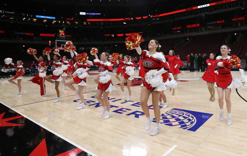 Seneca cheerleaders perform before the game against Streator  on Tuesday, Dec. 21, 2023 at the United Center in Chicago.