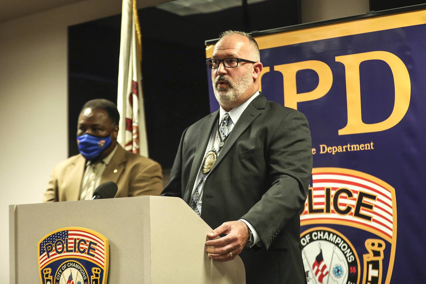 Joliet police detective Shawn Filipiak addresses the media on Friday, April 30, 2021, at Joliet Police Dept. in Joliet, Ill. Police officials speak about the investigation that led to the arrest of Jeremy Hylka on charges of traveling to meet a minor and grooming.