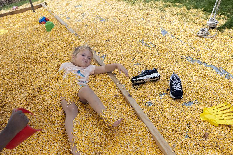 Ellouise Tranowski, 3, plays in a bin of corn Sunday, July 28, 2024, at the Lee County Fair in Amboy. The corn box continues to be a popular feature at the fair.