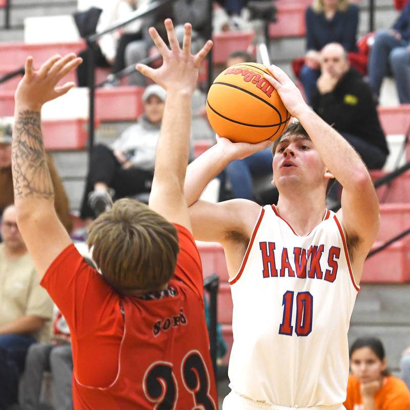 Oregon's Keaton Salsbury (10) puts up a shot against South Beloit on Monday, Nov. 24, 2025 at the Oregon Boys Basketball Thanksgiving Tournament in Oregon.