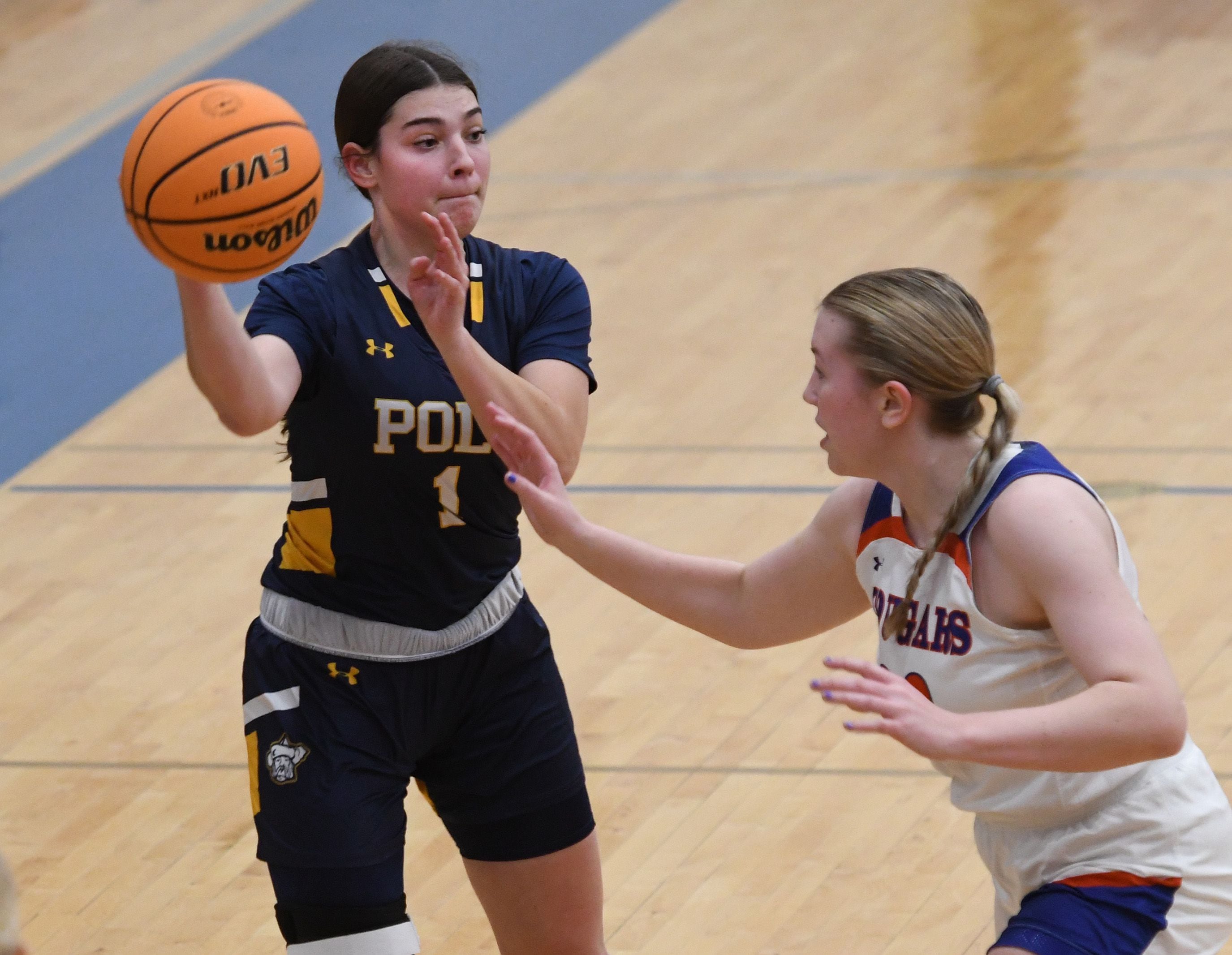 Polo's Elsa Monaco passes the ball to a teammate during action against Eastland on Tuesday, Feb. 10, 2026 at Eastland High School in Lanark.
