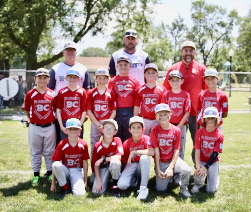 Team members for the Bi-County Minor League Baseball District 20 All-Stars are (front row, from left) Austin Grasser, Macoy Biagini, jack Gabrielse, Tate Doyle and Huck Frund; (middle row) Duncan Freitas, jack Vice, Beckett Kays, Blake Richardson, Jason Macklin, Preston Goetz and Brantley Baker; and (back row) coaches Curt Frund, Brandon Kays and Jacob Frund.