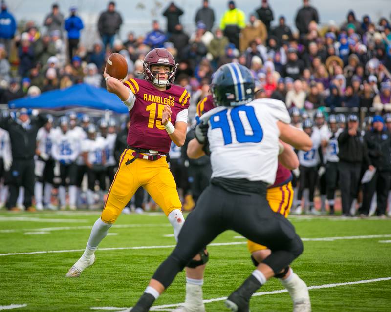Loyola Academy quarterback Jake Stearney (15) passes the ball during the second quarter of an IHSA Class 8A quarterfinal football game at Loyola Academy High School on Saturday, Nov. 13, 2021. The Ramblers won, 3-0.