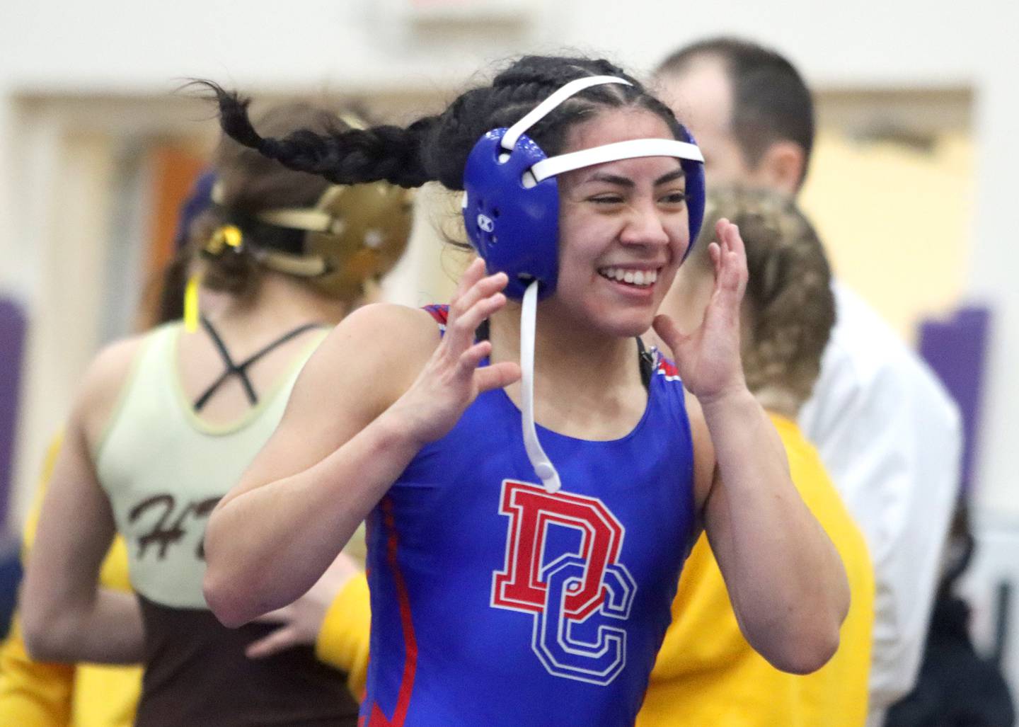 Dundee-Crown’s Diamond Rodriguez is all smiles after a win over Jacobs’ Julia Felton at 105 pounds in IHSA Regional wrestling semifinal action on Saturday, Feb. 1, 2025, at  Hampshire High School  in Hampshire.