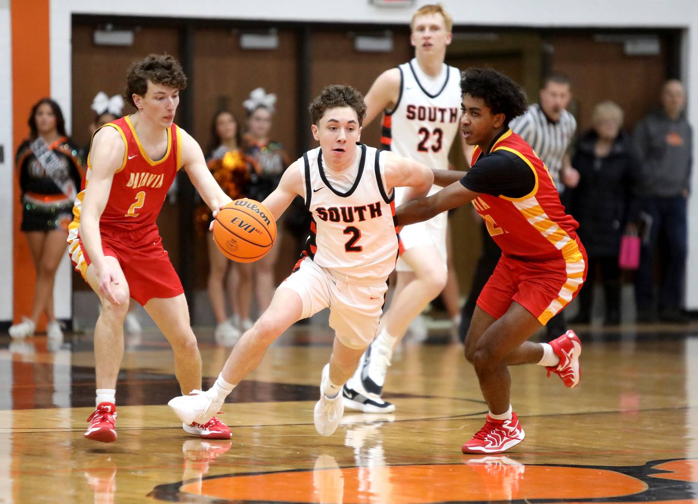 Wheaton Warrenville South's Connor Butler drives toward the basket during a game against Batavia on Friday, Feb. 14, 2025 in Wheaton.