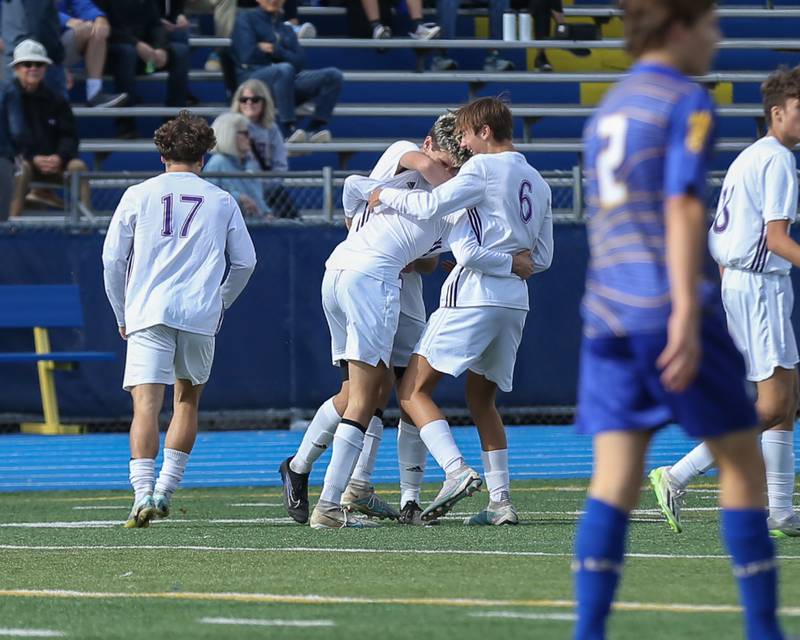 Downers Grove North celebrates their goal during Class 3A Lyons Regional final soccer match.  Oct 21, 2023.