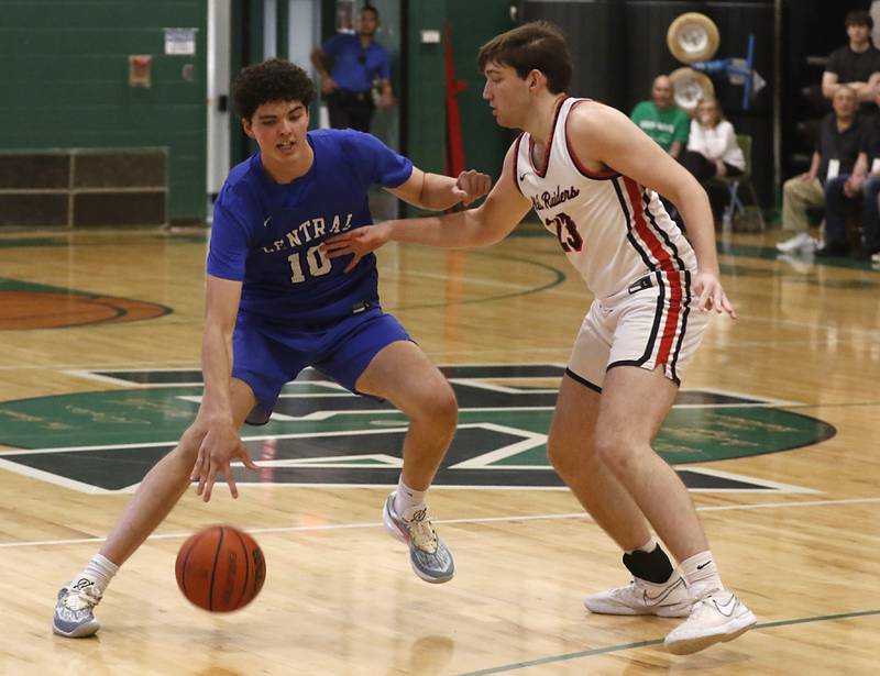 Burlington Central's Myles Lowe tries to drive against Huntley's Ethan Blackmoreduring the boy’s game of McHenry County Area All-Star Basketball Extravaganza on Sunday, April 14, 2024, at Alden-Hebron’s Tigard Gymnasium in Hebron.