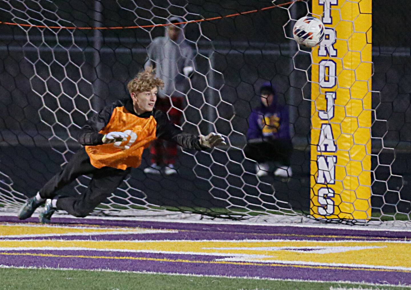 Serena's keeper Carson Baker fails to block a goal against Quincy Notre Dame during the Class 1A Sectional semifinal soccer match on Wednesday, Oct. 19, 2022 in Mendota.