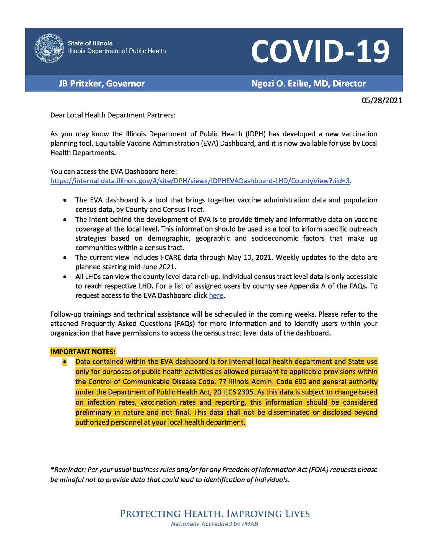 Shown above is the May 28 letter sent to Illinois local health departments, including McHenry County Health Department, from the Illinois Department of Public Health.