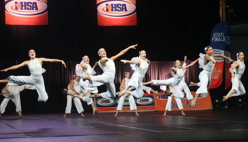 Members of the Lyons Township dance team perform during the IHSA State Dance competition on Saturday, Feb. 1, 2025 at Grossinger Motors Arena in Bloomington.