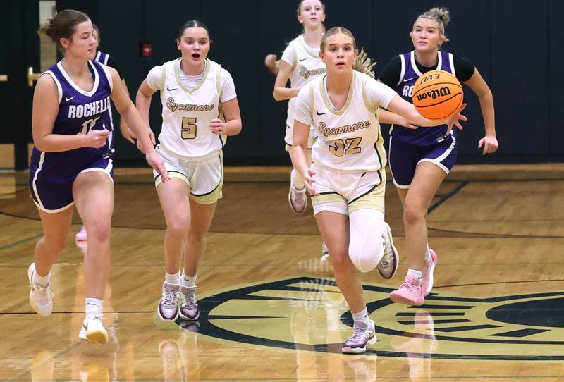Sycamore's Quinn Carrier pushes the ball up the court during their game against Rochelle Friday, Dec. 6, 2024, at Sycamore High School.