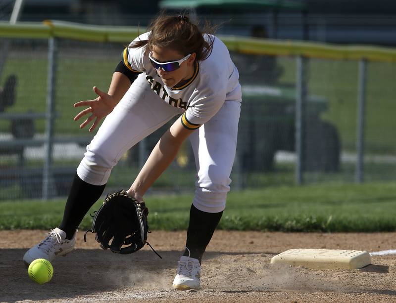 Crystal Lake South's Stephanie Lesniewski fields the ball during a Fox Valley Conference softball game Monday, May 16, 2022, between Crystal Lake South and Burlington Central at Crystal Lake South High School.
