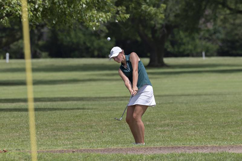 Katie Drew of Timber Creek chips onto the green at #5 Friday, July 11, 2025, during the 102nd annual Ladies Lincoln Highway golf tournament at Timber Creek Golf Club in Dixon.