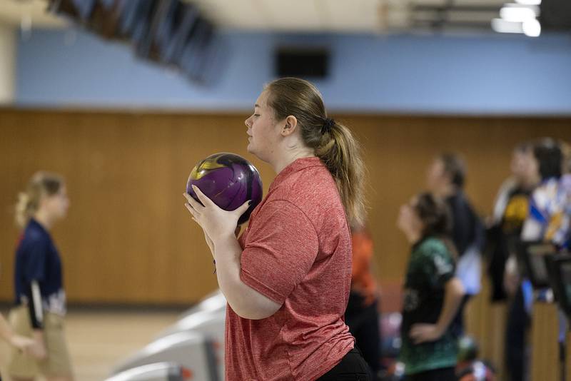 Erie-Prophetstown’s Jolene Walls prepares for her frame during bowling regionals at Plum Hollow in Dixon on Saturday, Feb. 4, 2023.