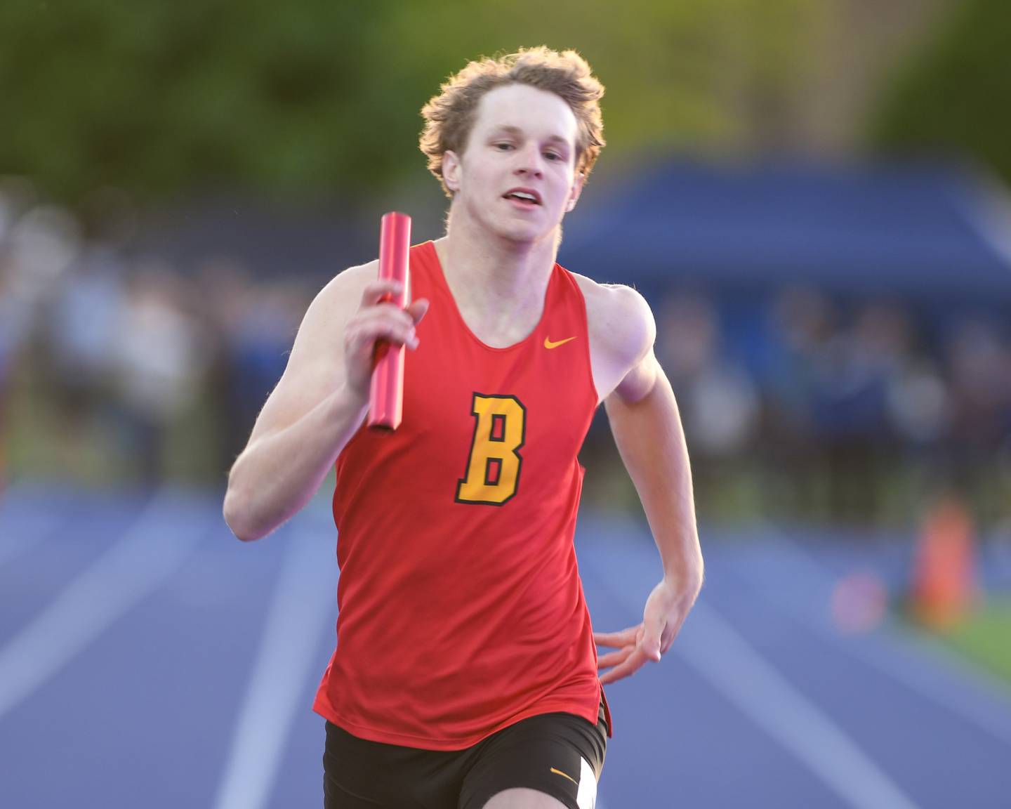 Brett Berggren of Batavia anchored the 4x200 meter relay during the Kane County track and field meet held at Marmion Academy in Aurora on Friday May 3, 2024.