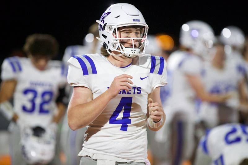 Burlington Central's Jackson Alcorn cheers on his defense against McHenry on Friday, Oct. 21,2022 in McHenry.
