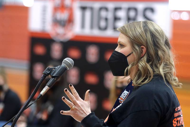Head Coach Elizabeth Lamb speaks as Crystal Lake Central held a celebration Sunday in their gymnasium after the Tigers on Saturday won the IHSA state title in Competitive Cheerleading-Medium Team at Grossinger Motors Arena in Bloomington.
