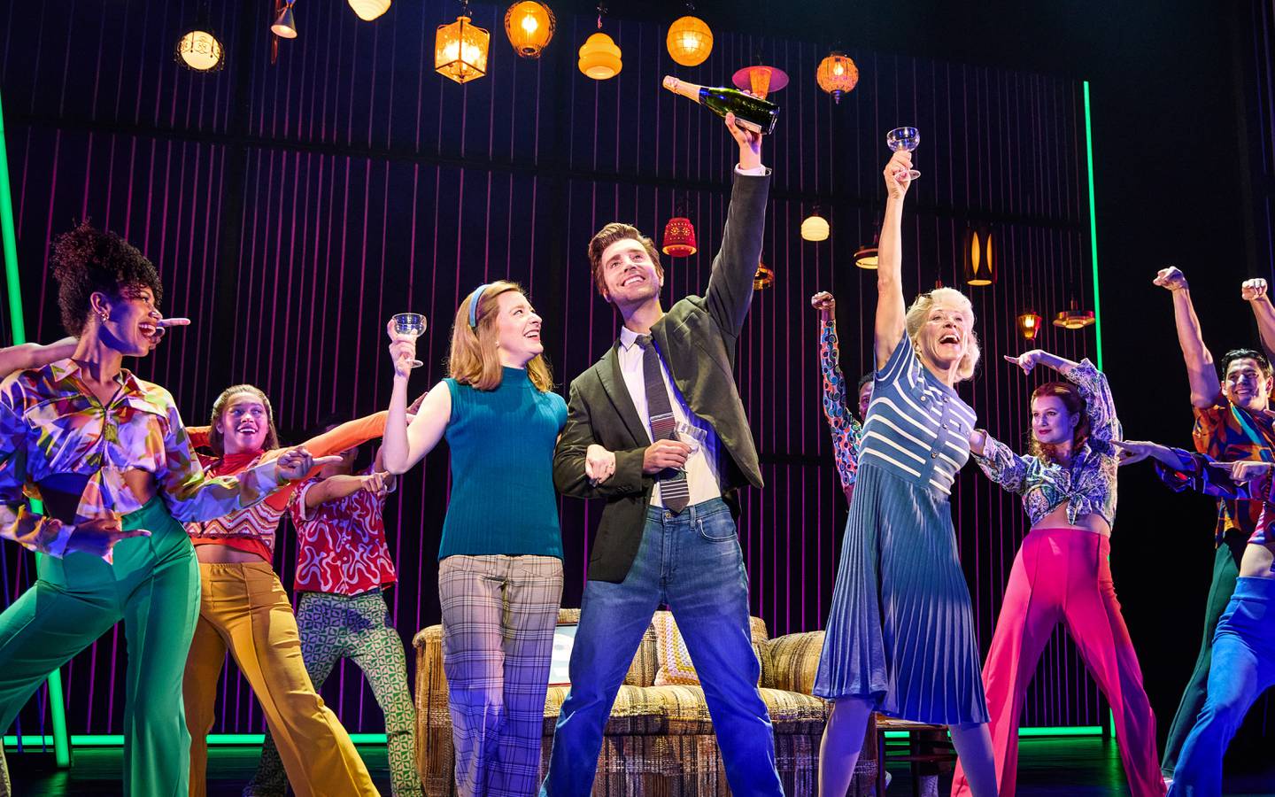 (Center left) Tiffany Tatreau as 'Jaye Posner,' Nick Fradiani as 'Neil - Then' and Kate A. Mulligan as 'Ellie Greenwich' in A Beautiful Noise_ The Neil Diamond Musical 2024 in Chicago- Photo credit Jeremy Daniel