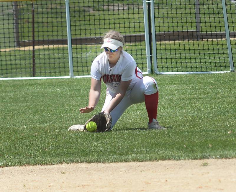 Oregon's Emma Schlichtman fields a hit to left field during a game with Morrison on Saturday, May 17, 2025 at Oregon Park West.