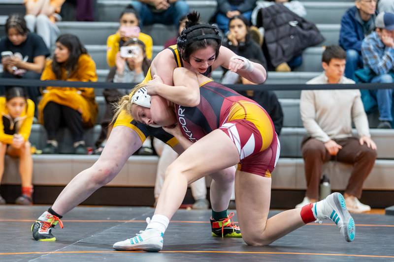 Joliet West’s Veronica Klobnak and Lockport’s Claudia Heeney compete in the 135 lb finals during the Minooka Girls Wrestling Thanksgiving Throwdown competition at Minooka High School on Nov. 26, 2026.