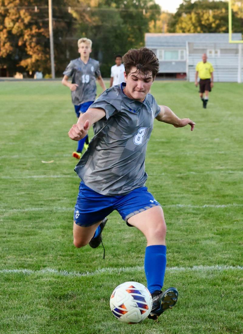 Princeton senior Chase Sims runs down the ball in Thursday's match against IVC at the Bryant Field pitch. IVC won 3-2;.