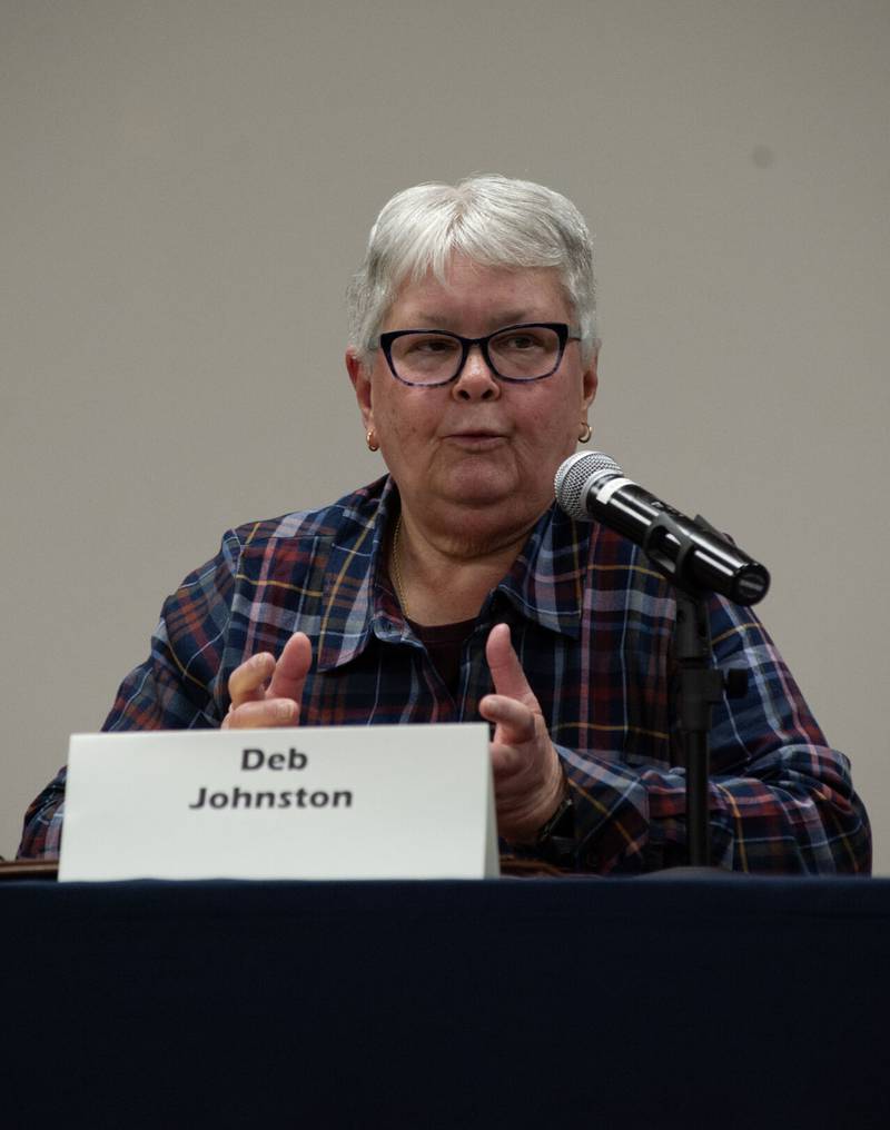 Deb Johnston speaks during a 2023 Kankakee School District 111 school board forum.
