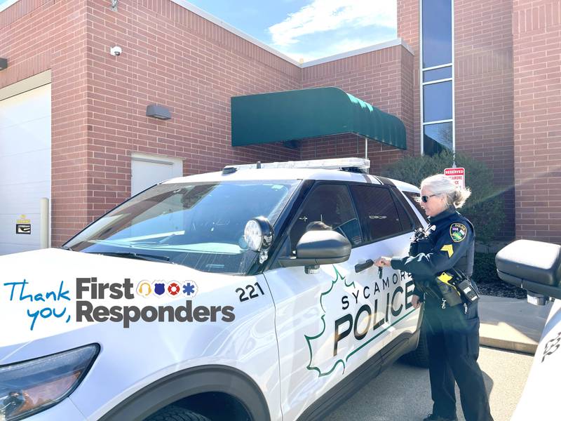 Sycamore Police Sgt. Sharon Anderson, who has been on the force for more three decades, gets ready to go on patrol in her squad car on April 19, 2024.