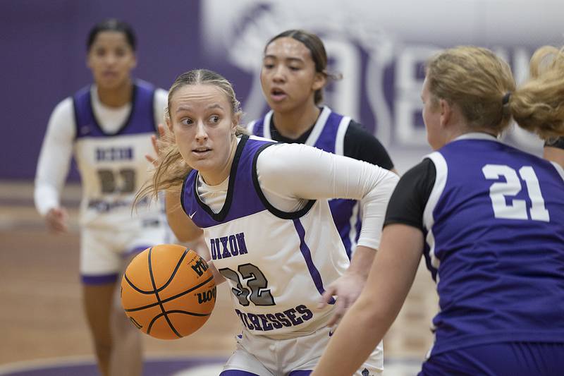 Dixon's Makenzie Toms works in the paint against Rochelle Thursday, Dec. 26, 2024, during the Dixon Girl’s KSB Holiday Basketball Tournament.