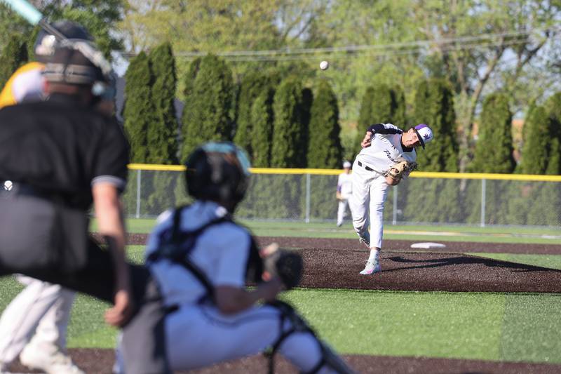 Manteno’s Braden Campbell releases a pitch during the Panthers’ 8-7 victory over Herscher on Tuesday, May 6, 2025.