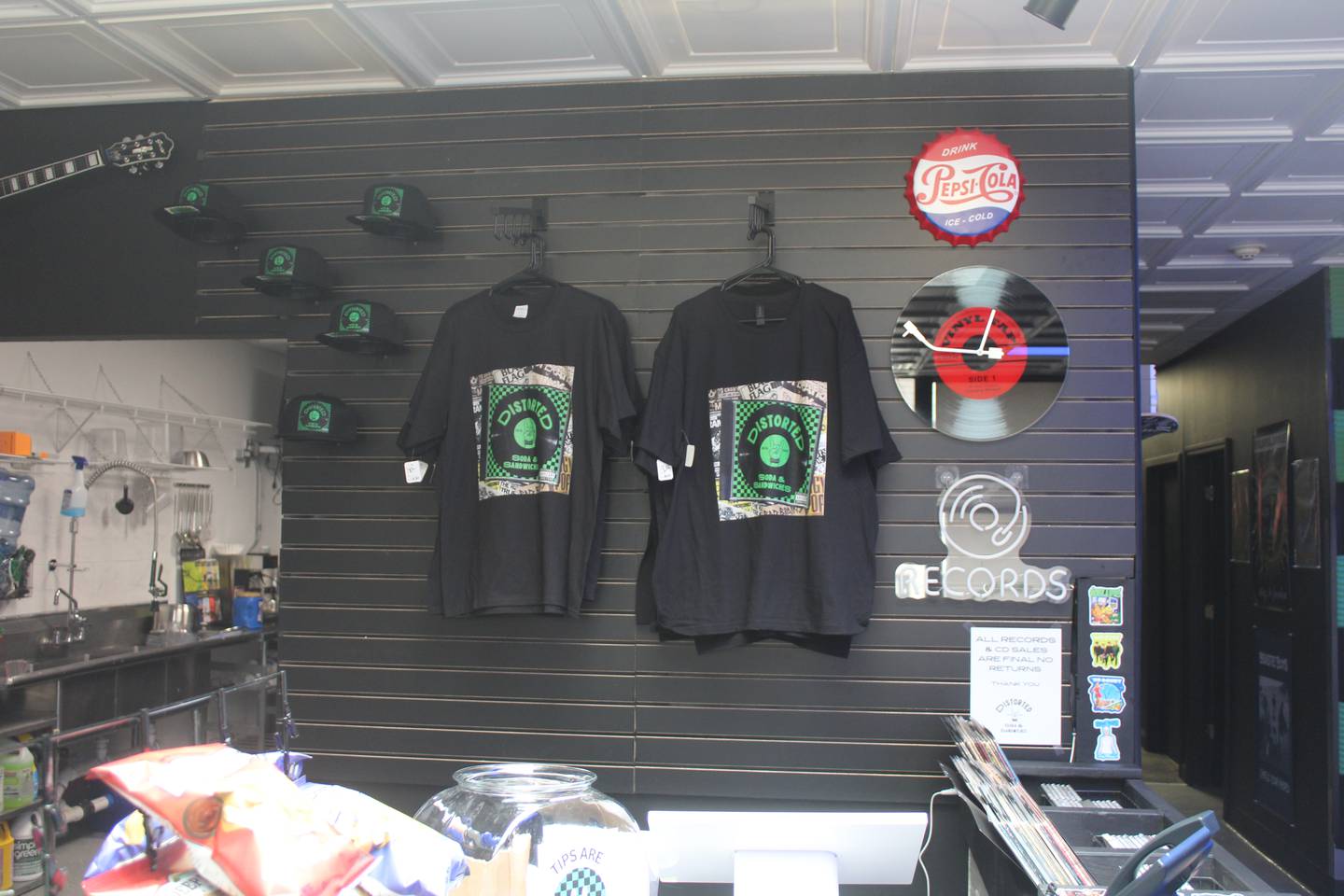 Distorted Sodas & Sandwiches, located at 135 N. Main St., Crystal Lake, also sells merch, records and CDs.
