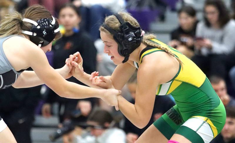 Crystal Lake South’s Annalee Aarseth, right, battles Lincoln Way’s Grace Spangler at  115 pounds in Whip-Pur Women’s Classic varsity girls wrestling on Saturday, Dec. 20, 2025, at Hampshire High School in Hampshire.