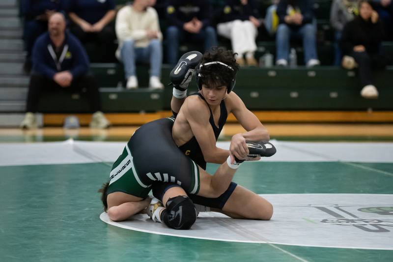 Yorkville's Phoenix Senodenos, right, and Coal City's Ryder Gill wrestle in the 113-pound match during the IHSA Class 1A Coal City Dual Team Sectional on Thursday, Feb. 5, 2026.