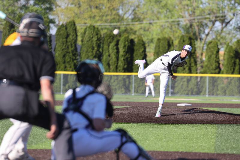 Manteno’s Braden Campbell releases a pitch during the Panthers’ 8-7 victory over Herscher on Tuesday, May 6, 2025.