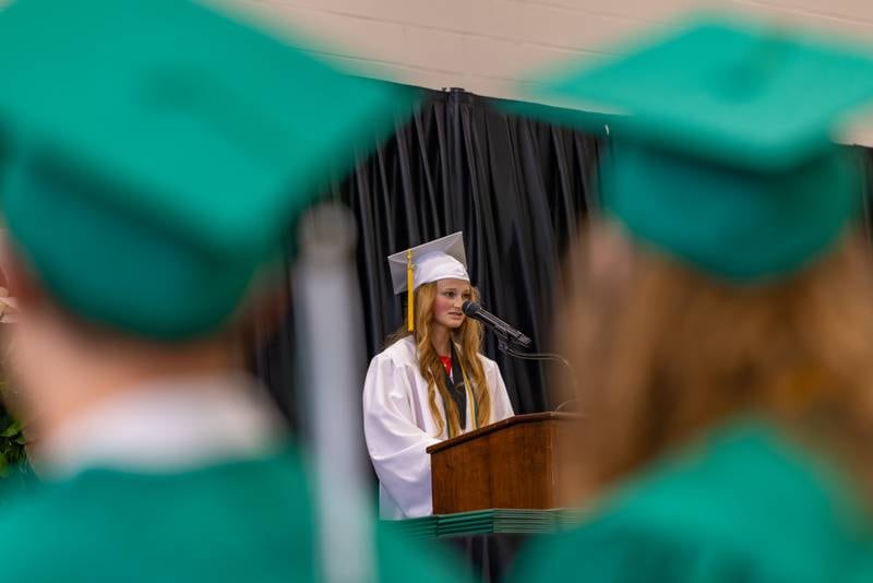 Lilly Mueller presents a speech to the graduating class during the Seneca High School Class of 2026 Graduation on May 17, 2026 at Seneca High School.